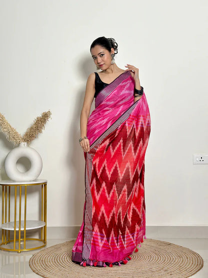 Ikat Natural Dyed HandCrafted Soft Linen Saree