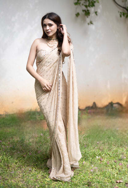 Gold Mirror Work Pre-stiched Georgette Saree