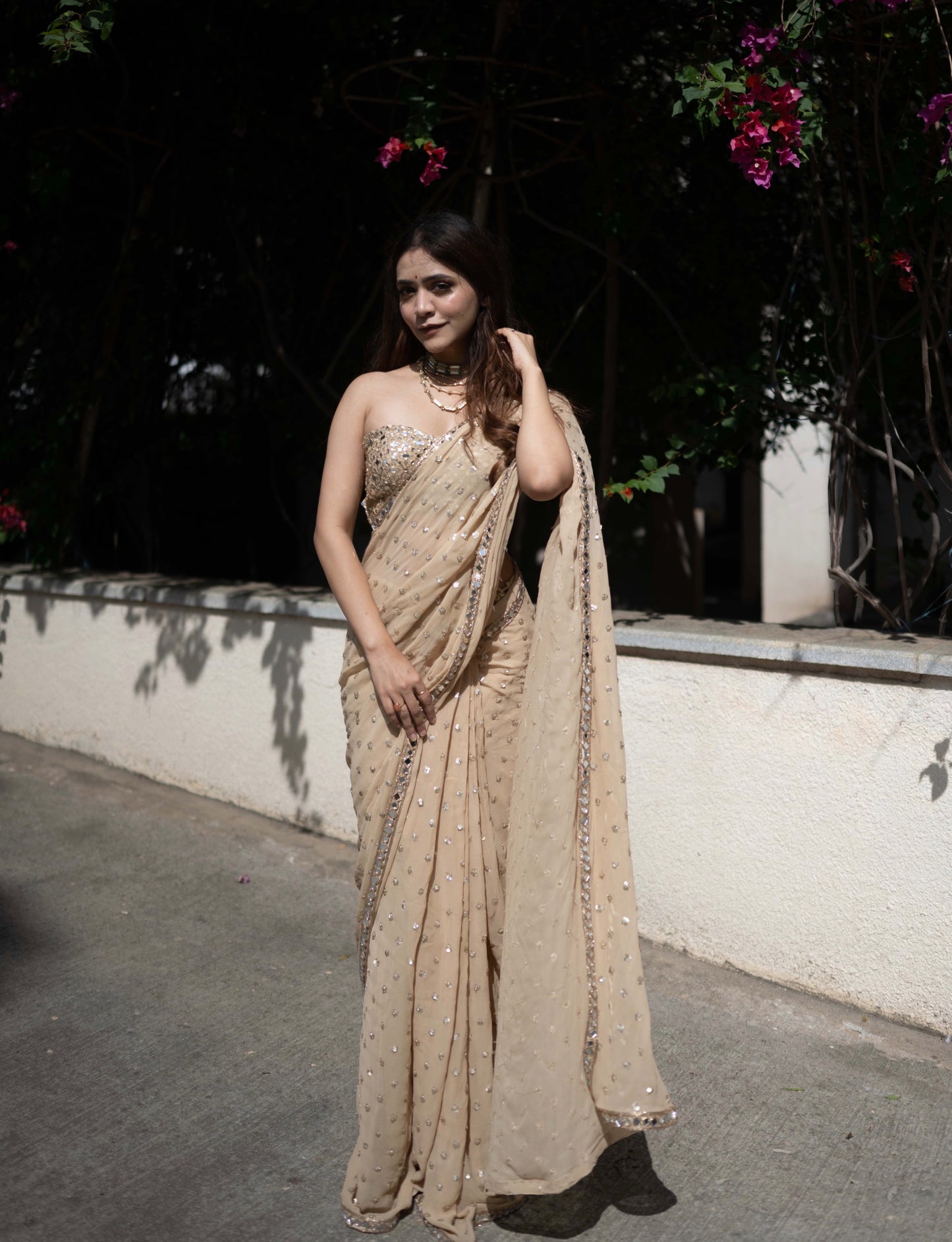 Gold Mirror Work Pre-stiched Georgette Saree