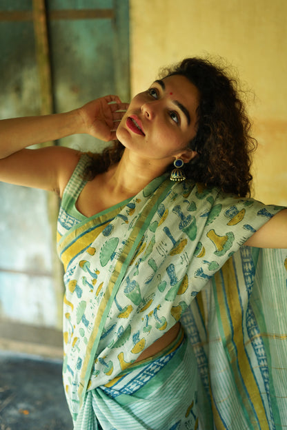 Seafoam Mushroom Magic - Chanderi Saree