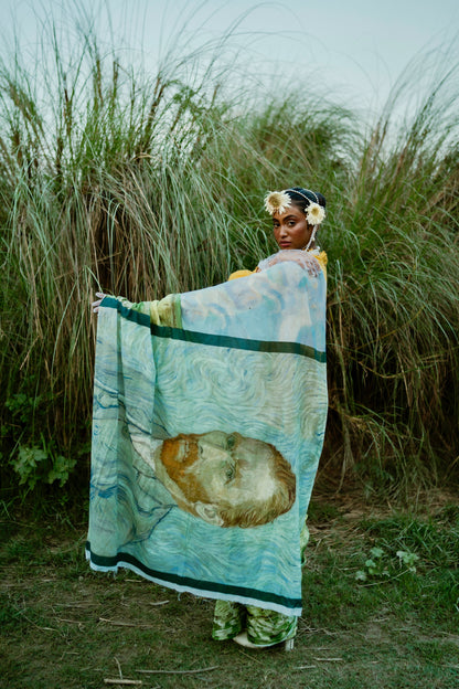 Wheat Field x Van Gogh's Self Portrait Saree Mul Cotton Saree