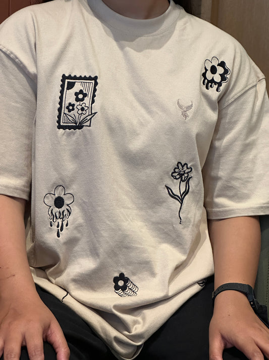 Flower Patches Embroidered Beige Tshirt