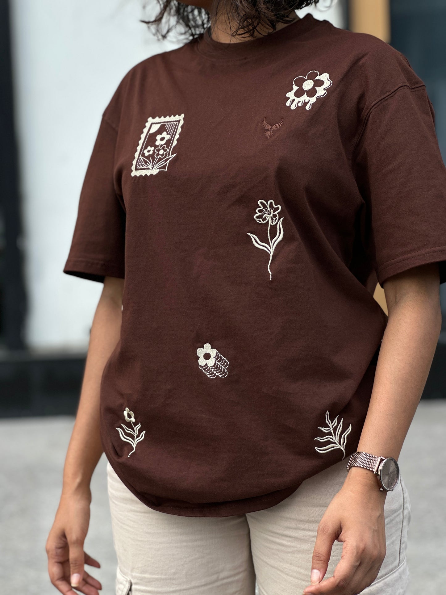 Flower Patches Embroidered Brown Tshirt