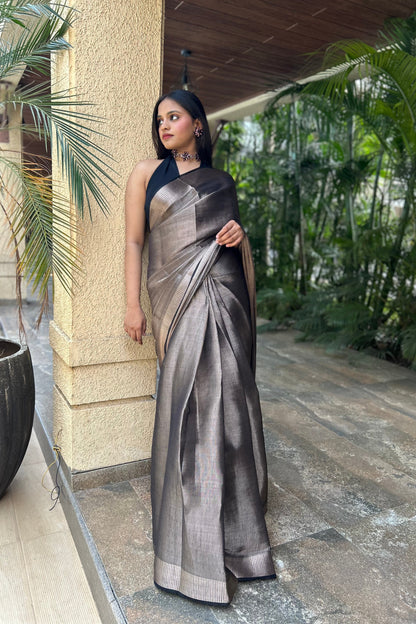 Cosmic Coal Linen Tissue Ready To Wear Pocket Saree