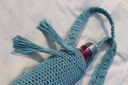 Teal Blue Water Bottle Crochet Tote Bag