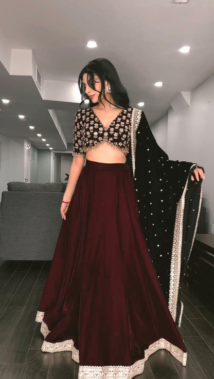 Hand Embroidered Velvet Lehenga Set