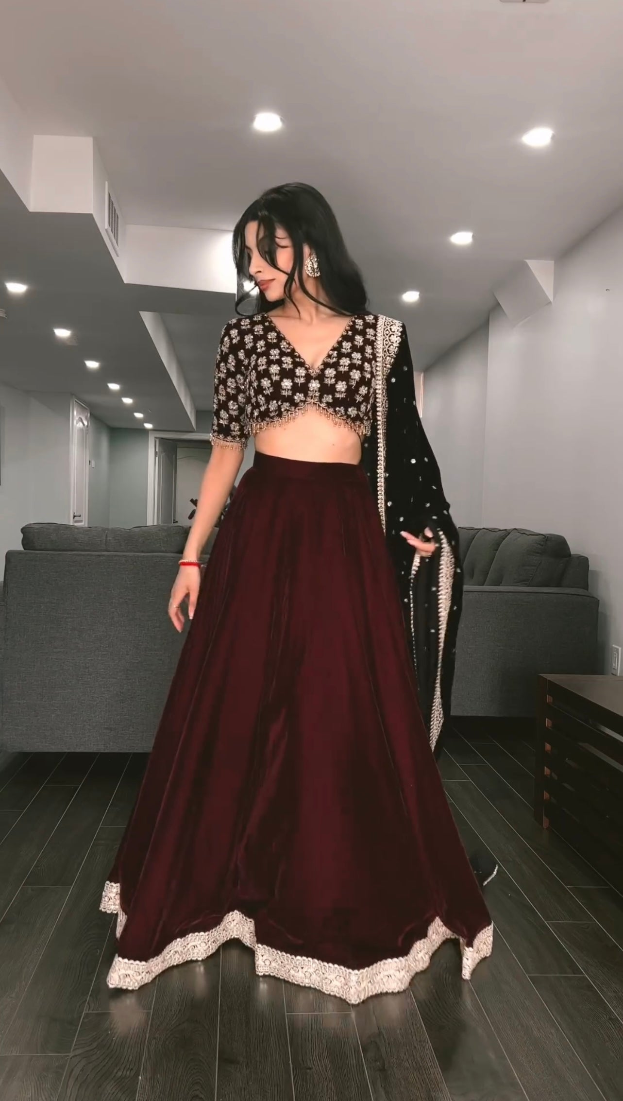 Hand Embroidered Velvet Lehenga Set