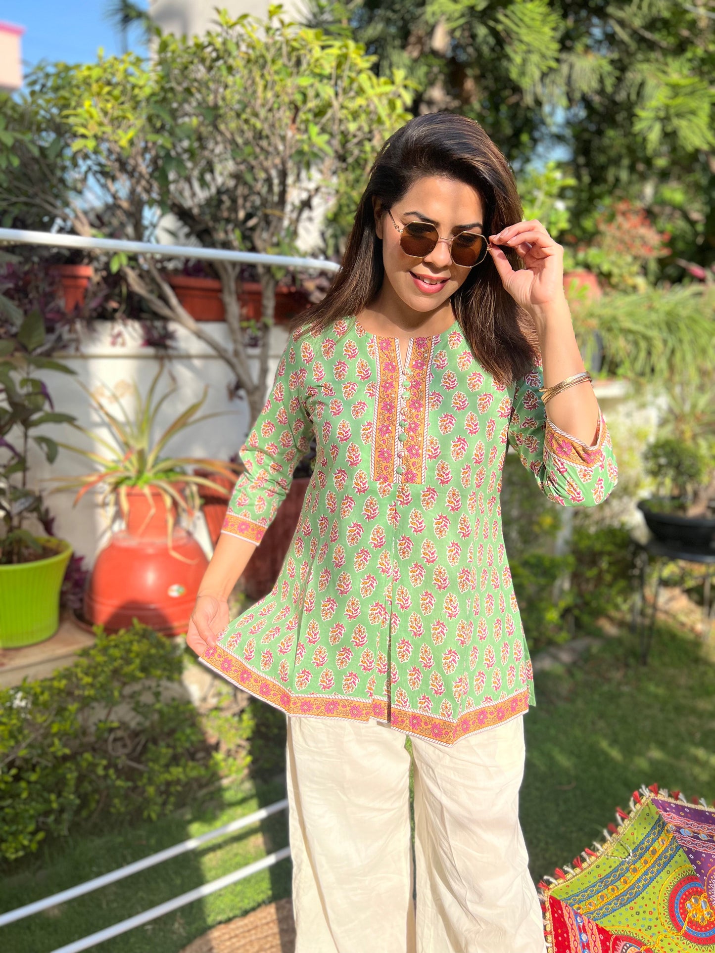 Ethnic Motifs Printed Sequinned Pure Cotton Kurti