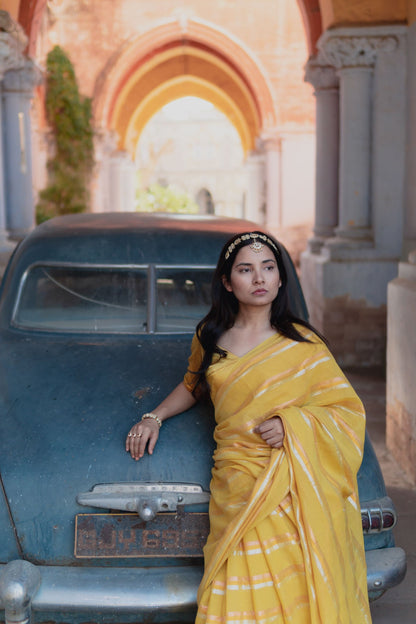 Gold & Silver Lurex Stripes Saree With Tassels