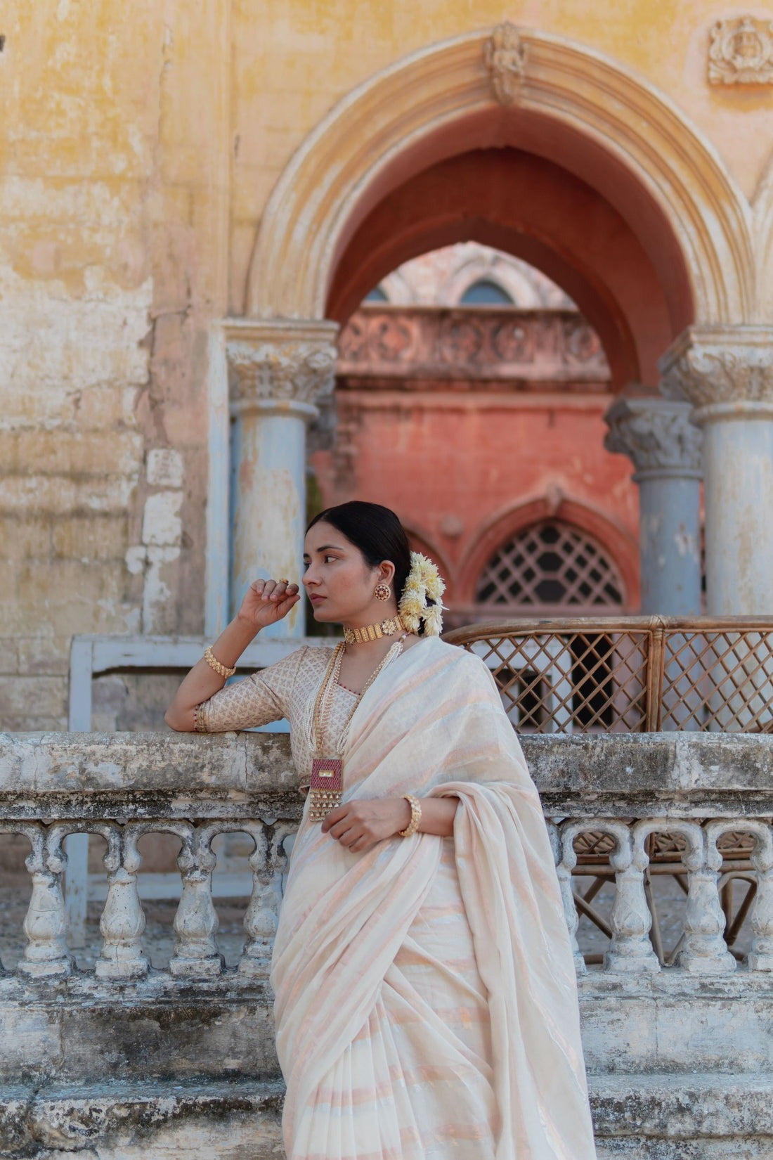 Gold & Silver Lurex Stripes Saree With Tassels