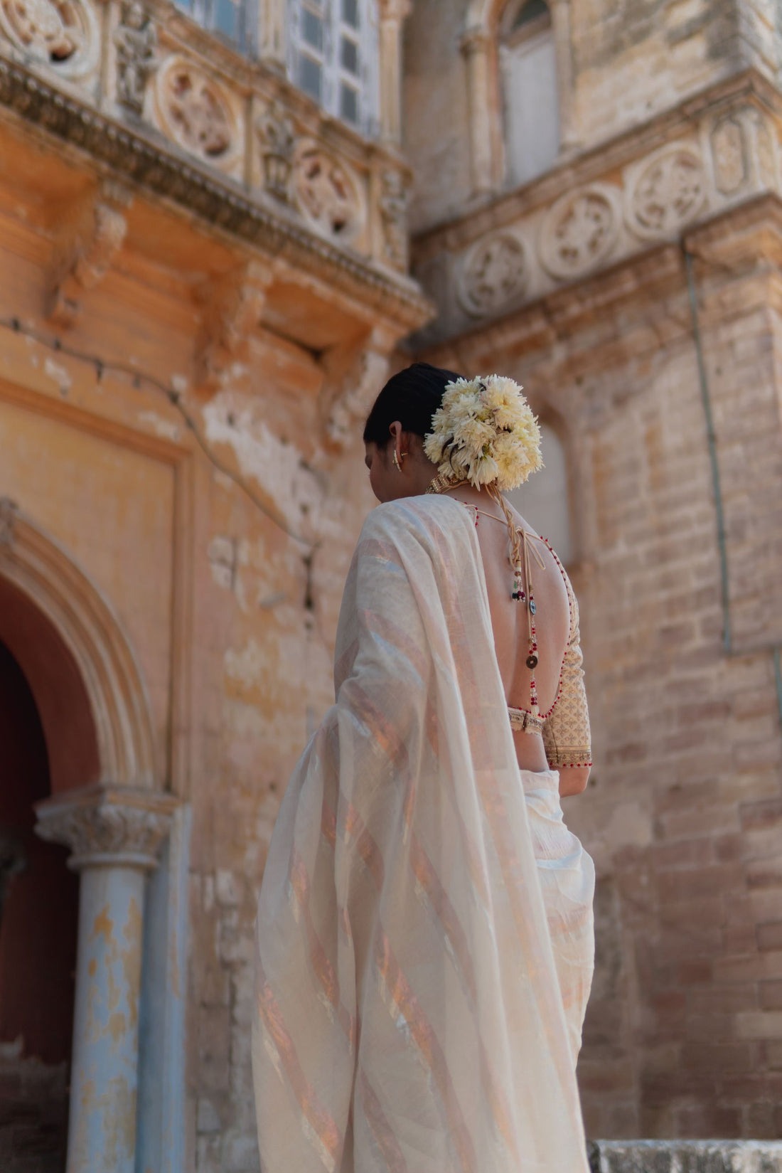 Gold & Silver Lurex Stripes Saree With Tassels