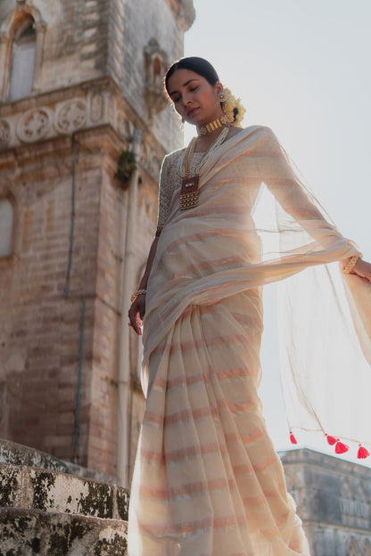 Gold & Silver Lurex Stripes Saree With Tassels