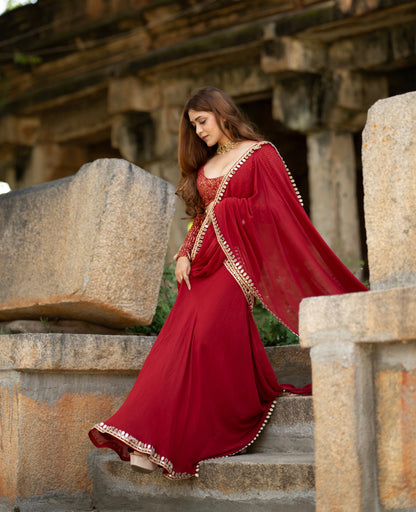 Sindoori Red Mirror Work Pre-stiched Saree