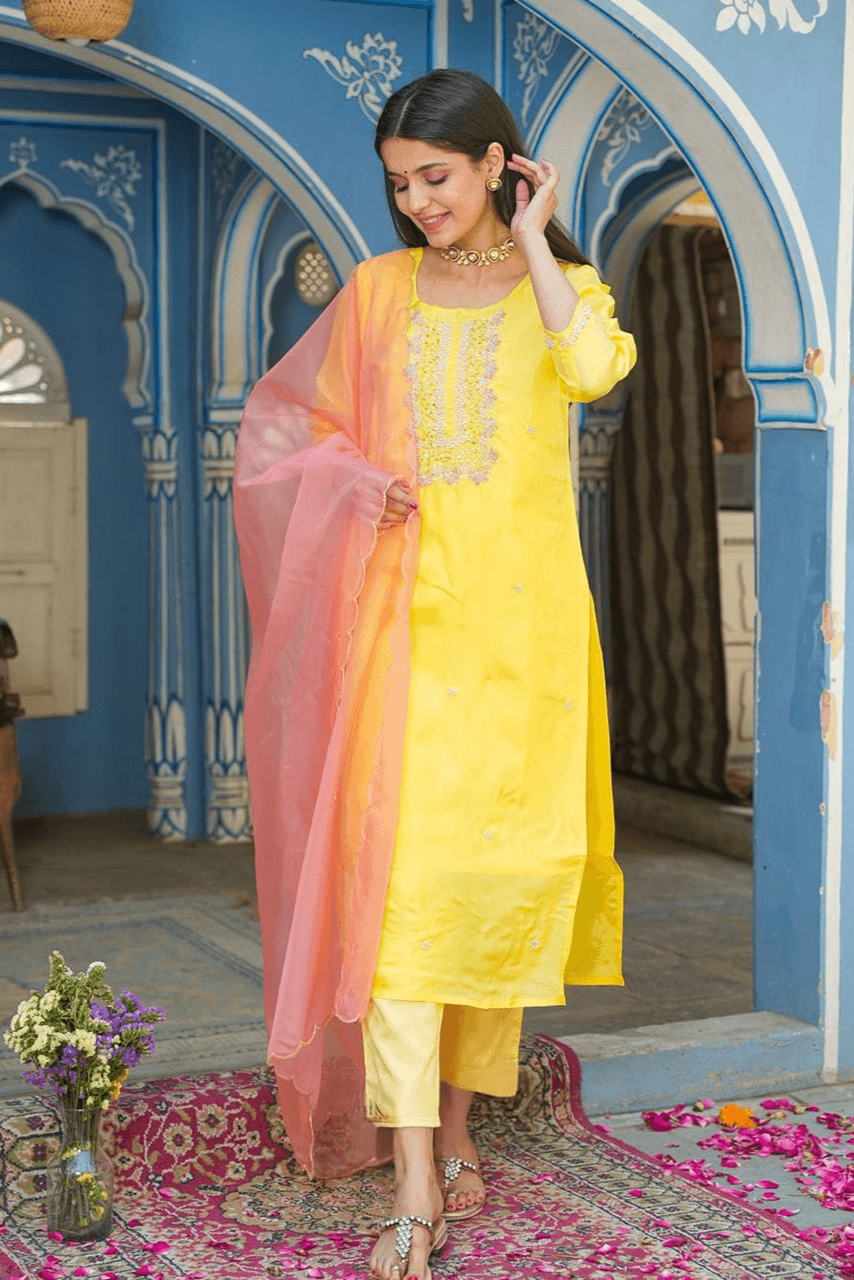 Yellow Opada Suit Set With Embroidery