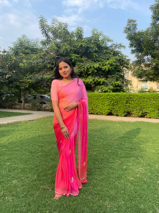 Rani Ombre Shades of Pink Chiffon Saree