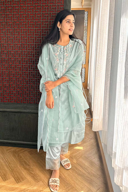 Sea Green Chanderi Suit Set With Embroidery