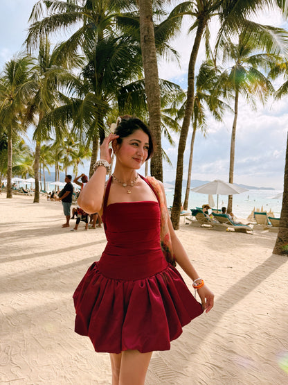 Halter Maroon Balloon Dress