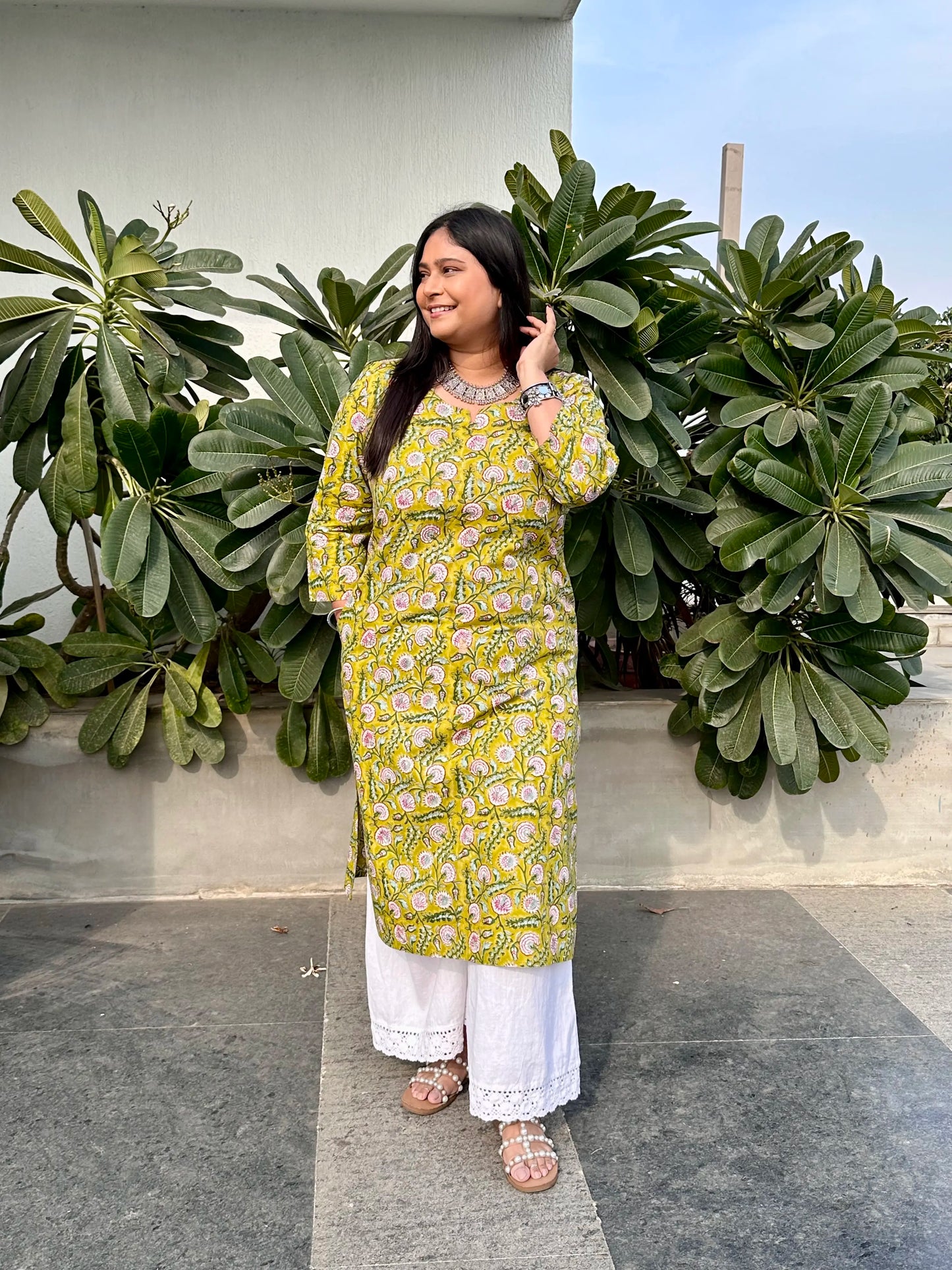 Block Printed Long Kurta - Leaf Green