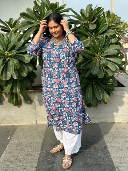 Block Printed Long Kurta - Dense Blue