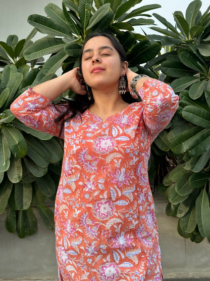 Block Printed Long Kurta - Bright Coral