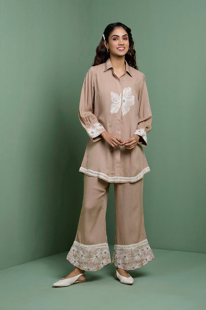 Zaha Pastel Brown Embroidered Two Piece Set