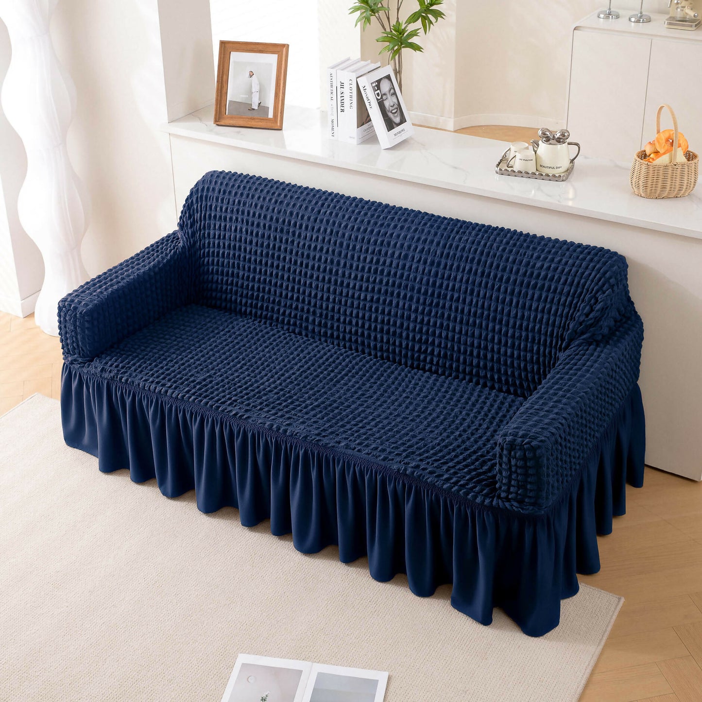 Stretchable Turkish Sofa Cover with Bubble Fabric & Frill
