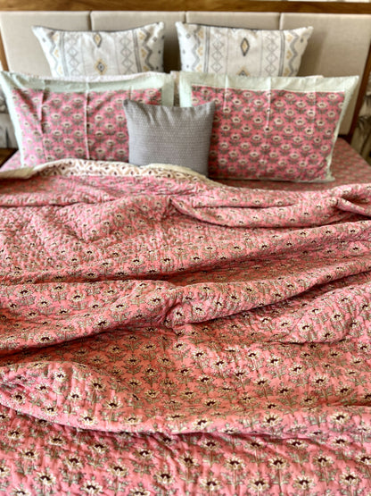 Reversible Hand Block Quilt | King Size | 90*108 Inches | Pink Bloom