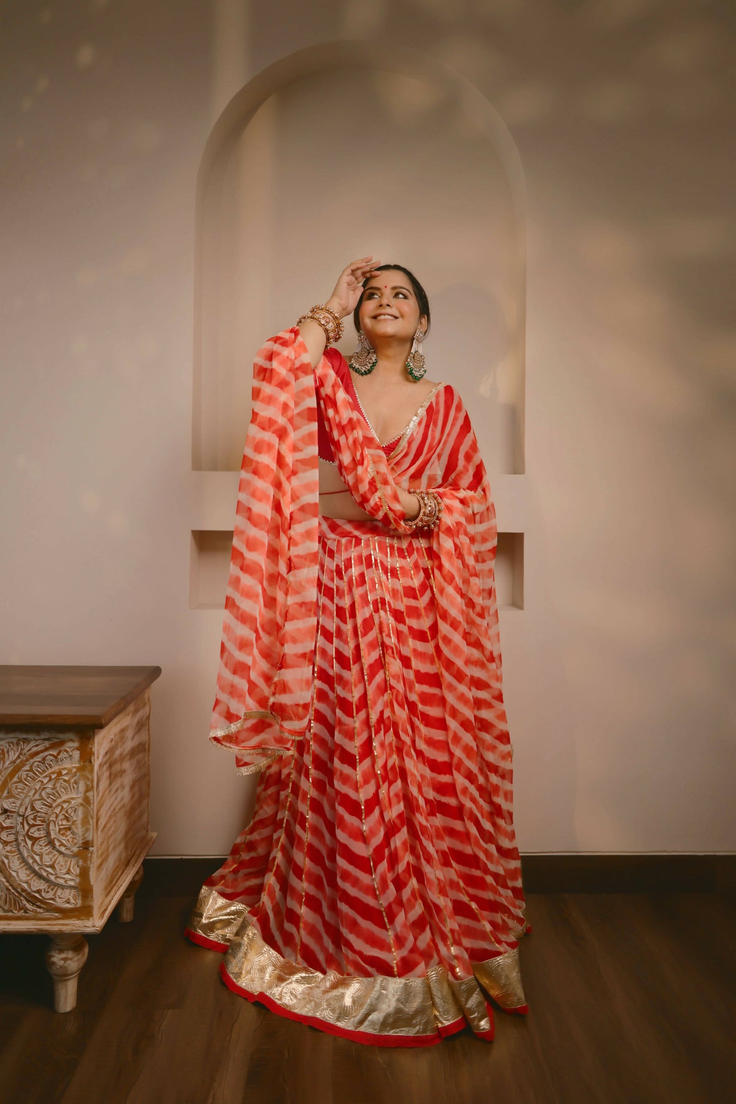 Red Shloka Leheriya Lehenga