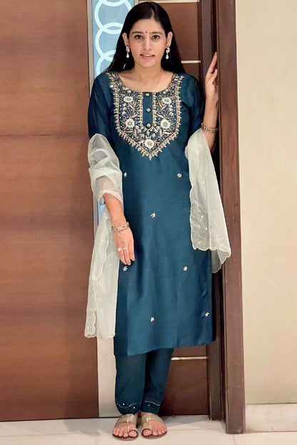 Navy Blue Muslin Suit Set With Handwork