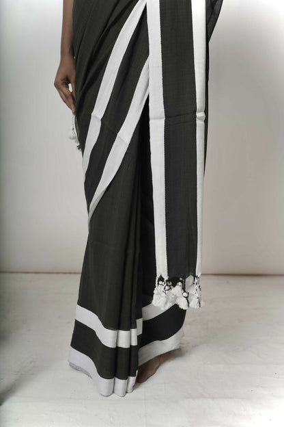 White & Black Cotton Handloom Saree With Black Border