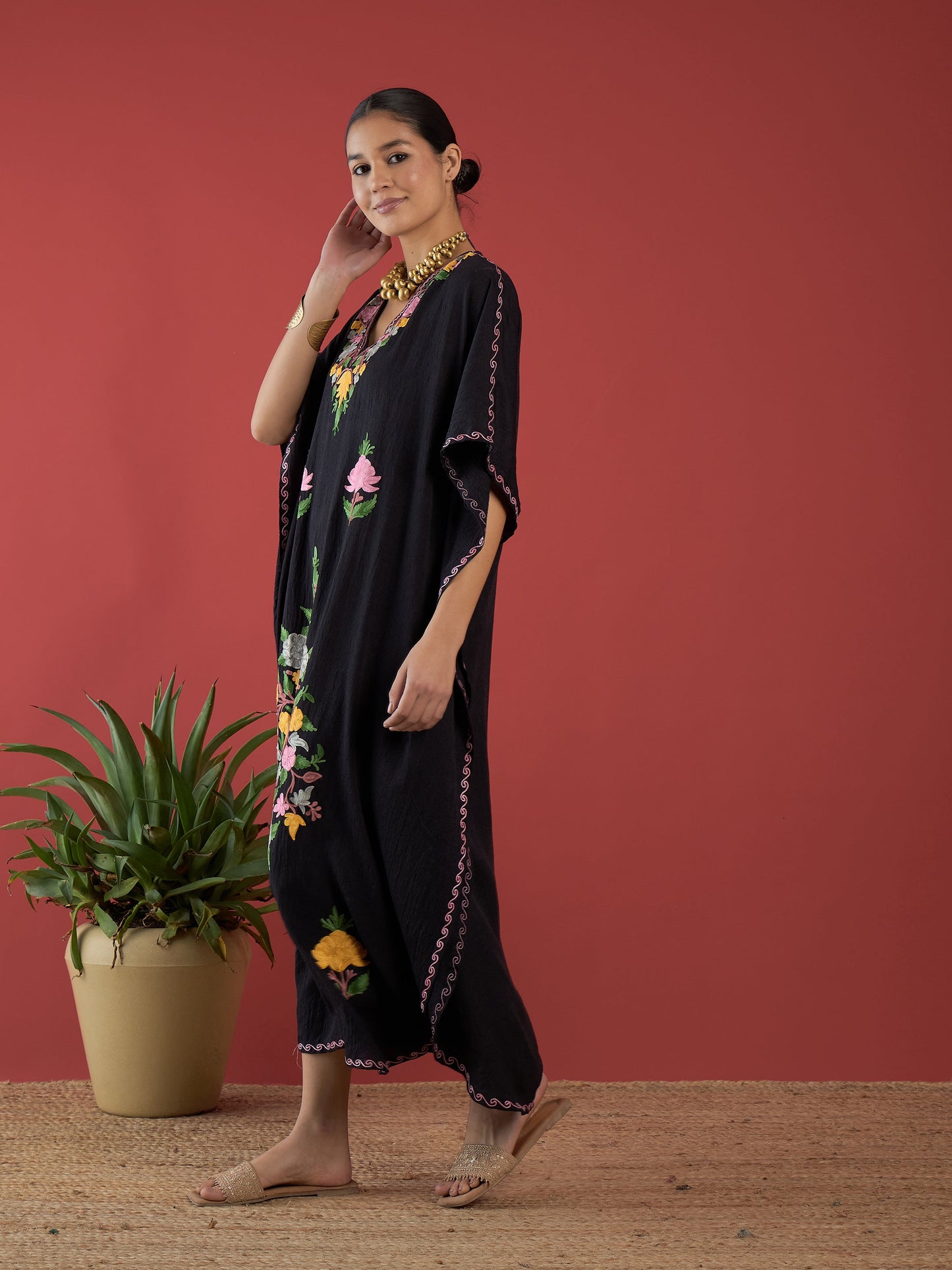 Jet Black Aari Embroidered Kashmiri Kaftan - Long