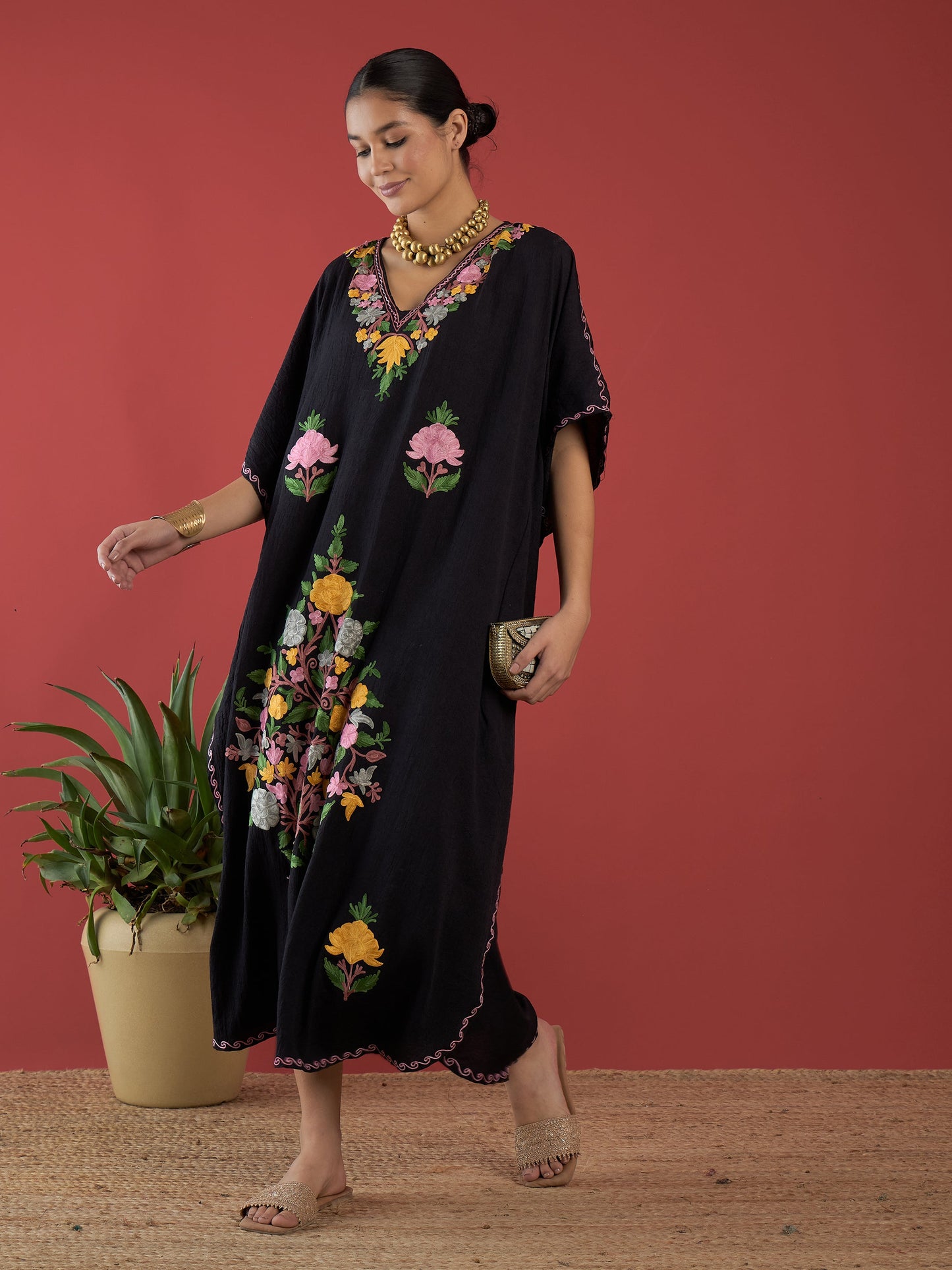 Jet Black Aari Embroidered Kashmiri Kaftan - Long