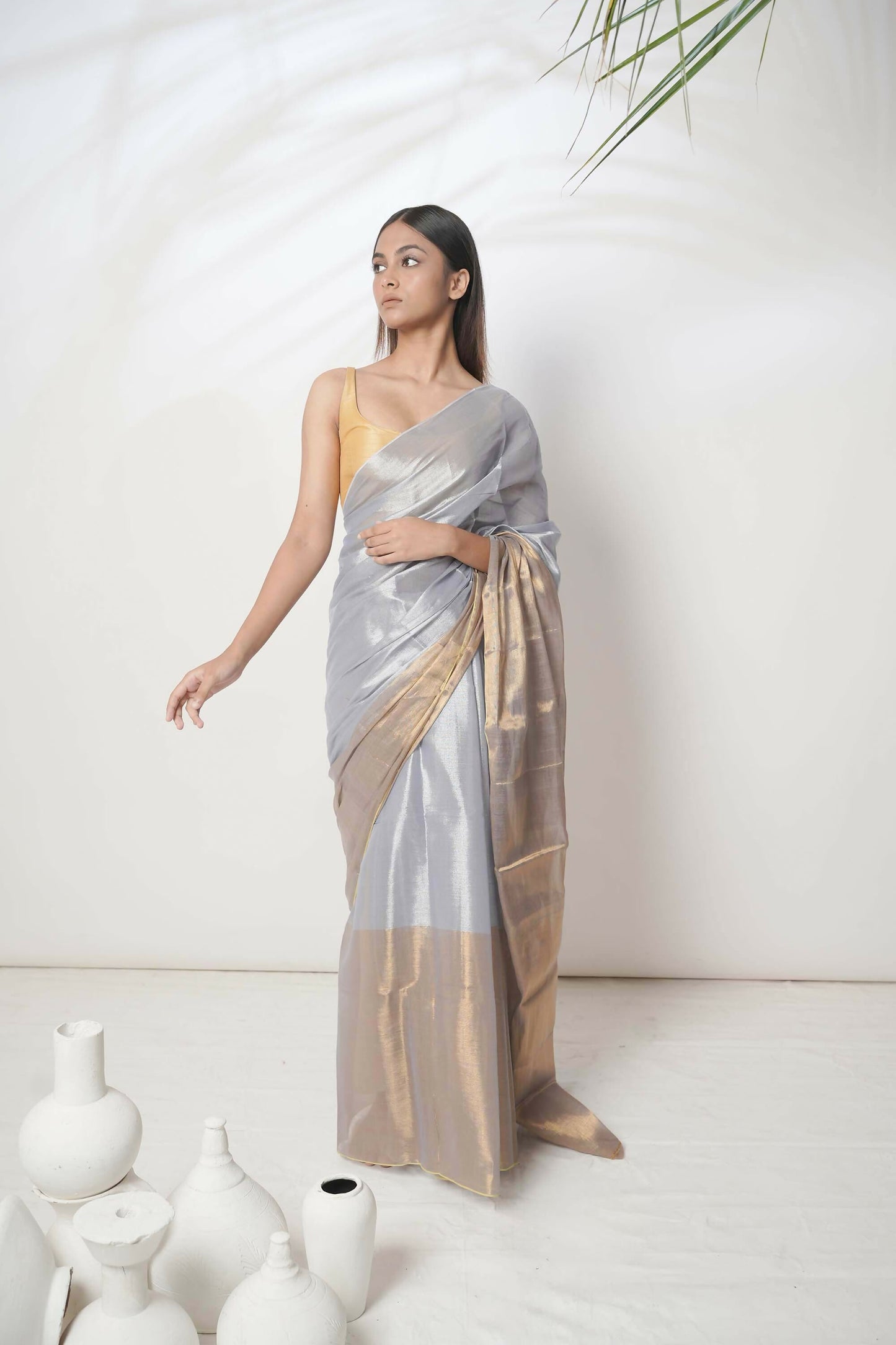 Alankrita | Slate Blue And Gold Handloom Tissue Saree