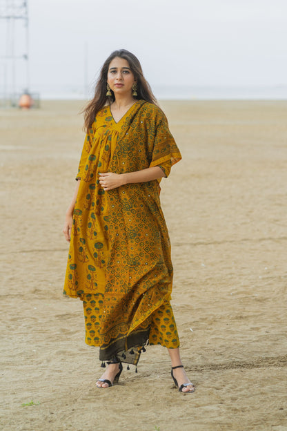 Yellow Ajrakh Chanderi Silk Dupatta with mirror work