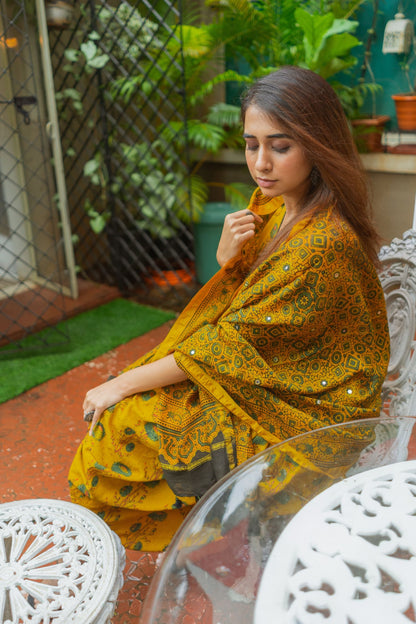 Yellow Ajrakh Chanderi Silk Dupatta with mirror work