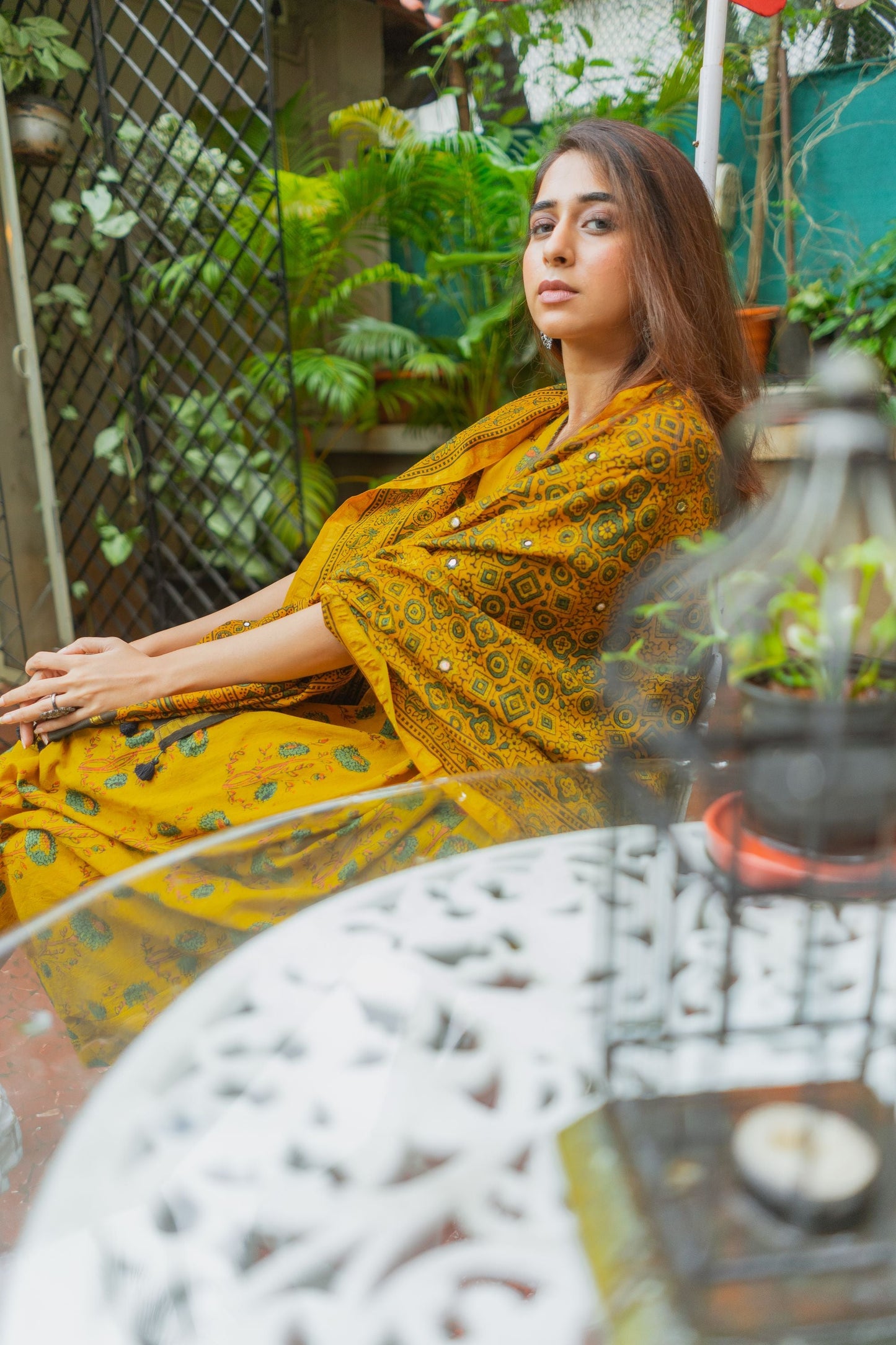 Yellow Ajrakh Chanderi Silk Dupatta with mirror work