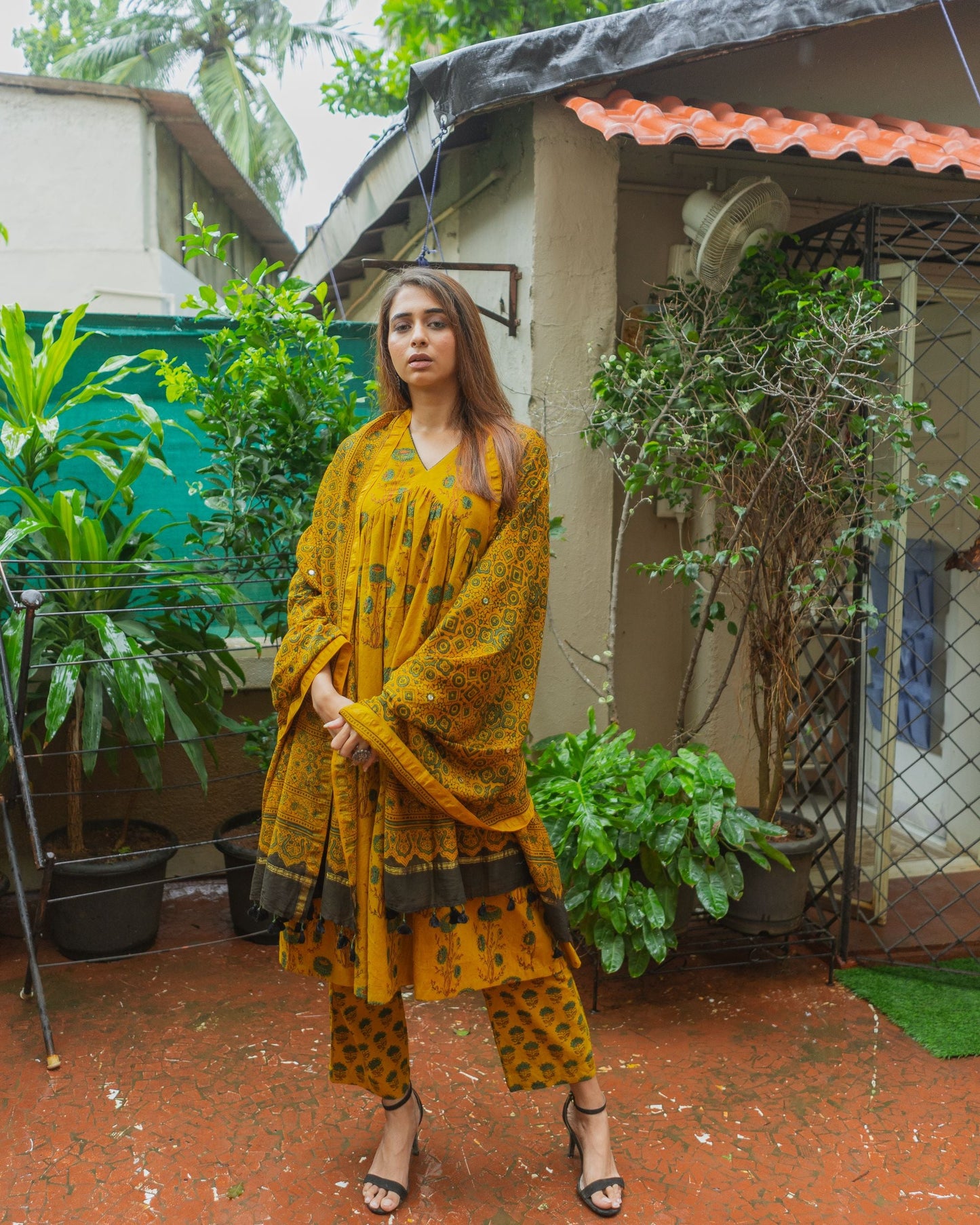 Yellow Ajrakh Chanderi Silk Dupatta with mirror work