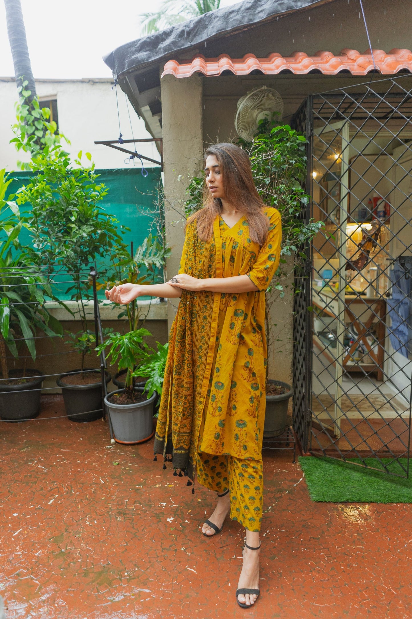 Yellow Ajrakh Chanderi Silk Dupatta with mirror work