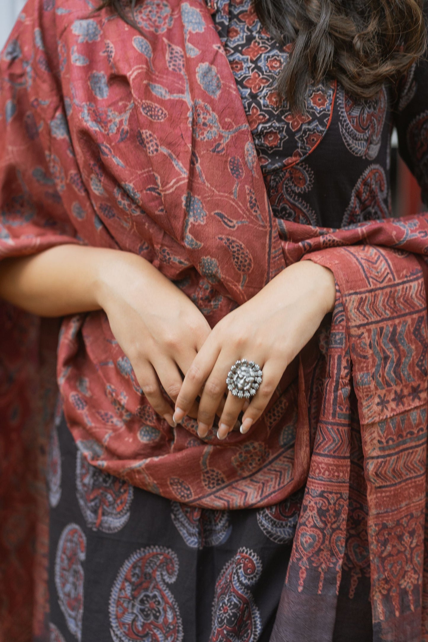 Madder Red Ajrakh Tussar Silk Dupatta