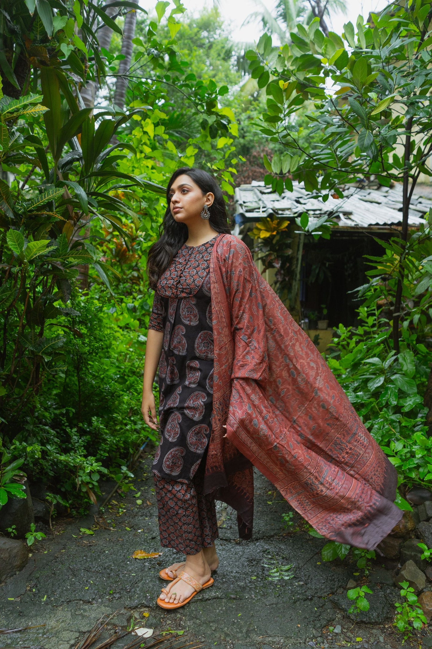 Madder Red Ajrakh Tussar Silk Dupatta