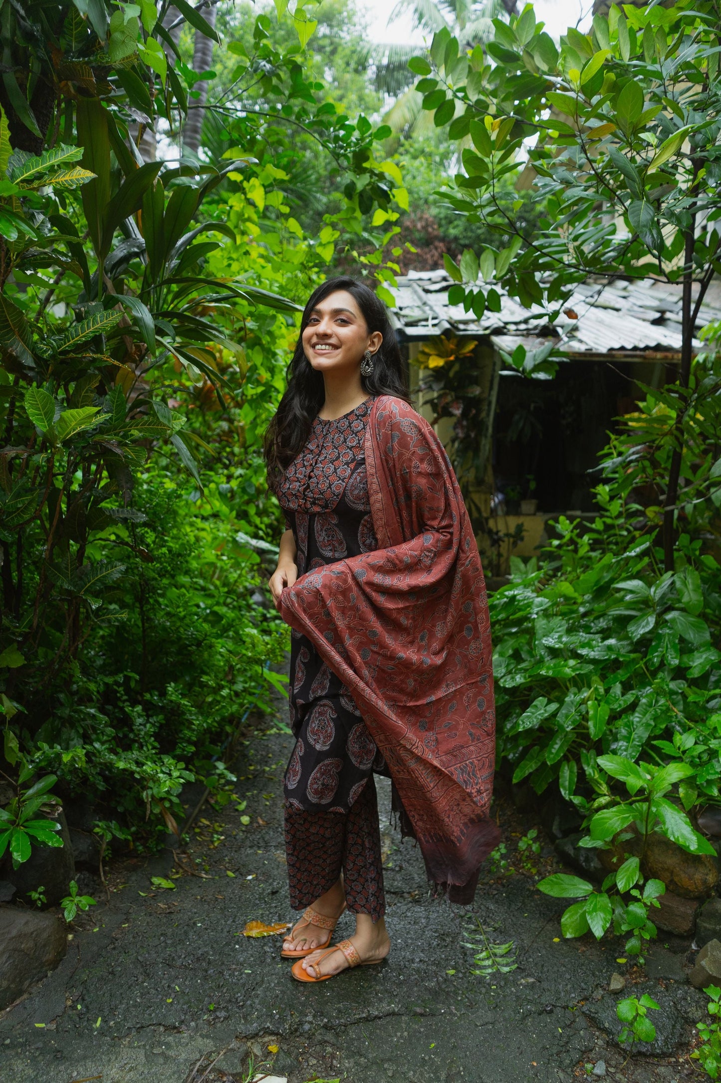 Madder Red Ajrakh Tussar Silk Dupatta