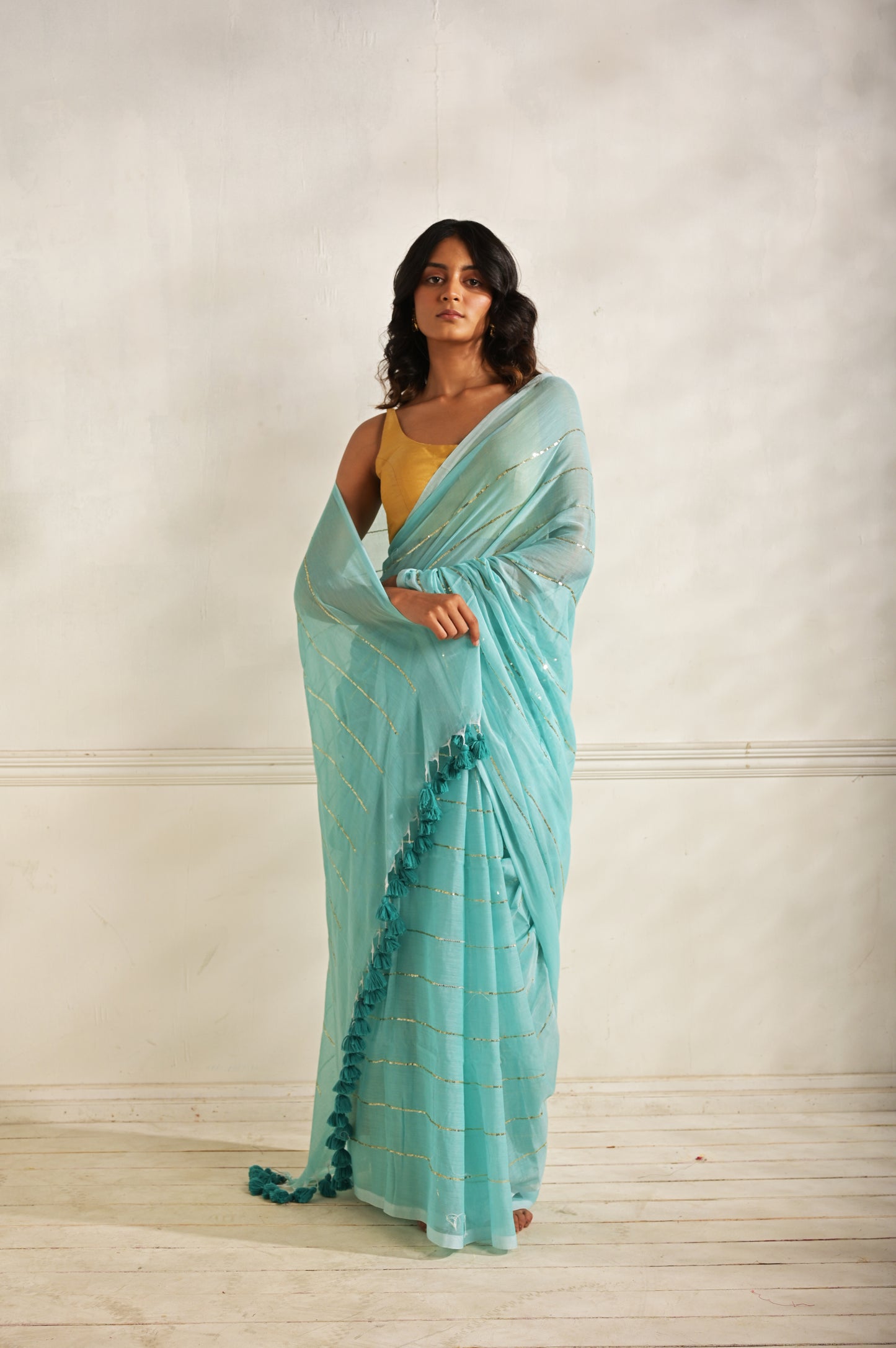 Summer Mul Cotton Saree With Sequined Lines