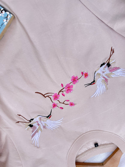 Crown Crane Beige Embroidered Sweatshirt