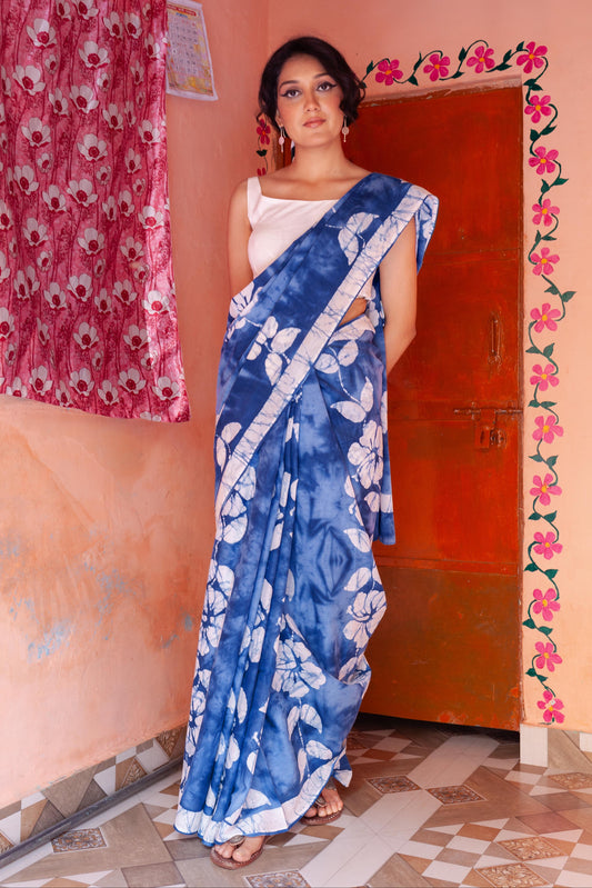 Khwaab Hand Block Print Blue Mul Mul Cotton Saree