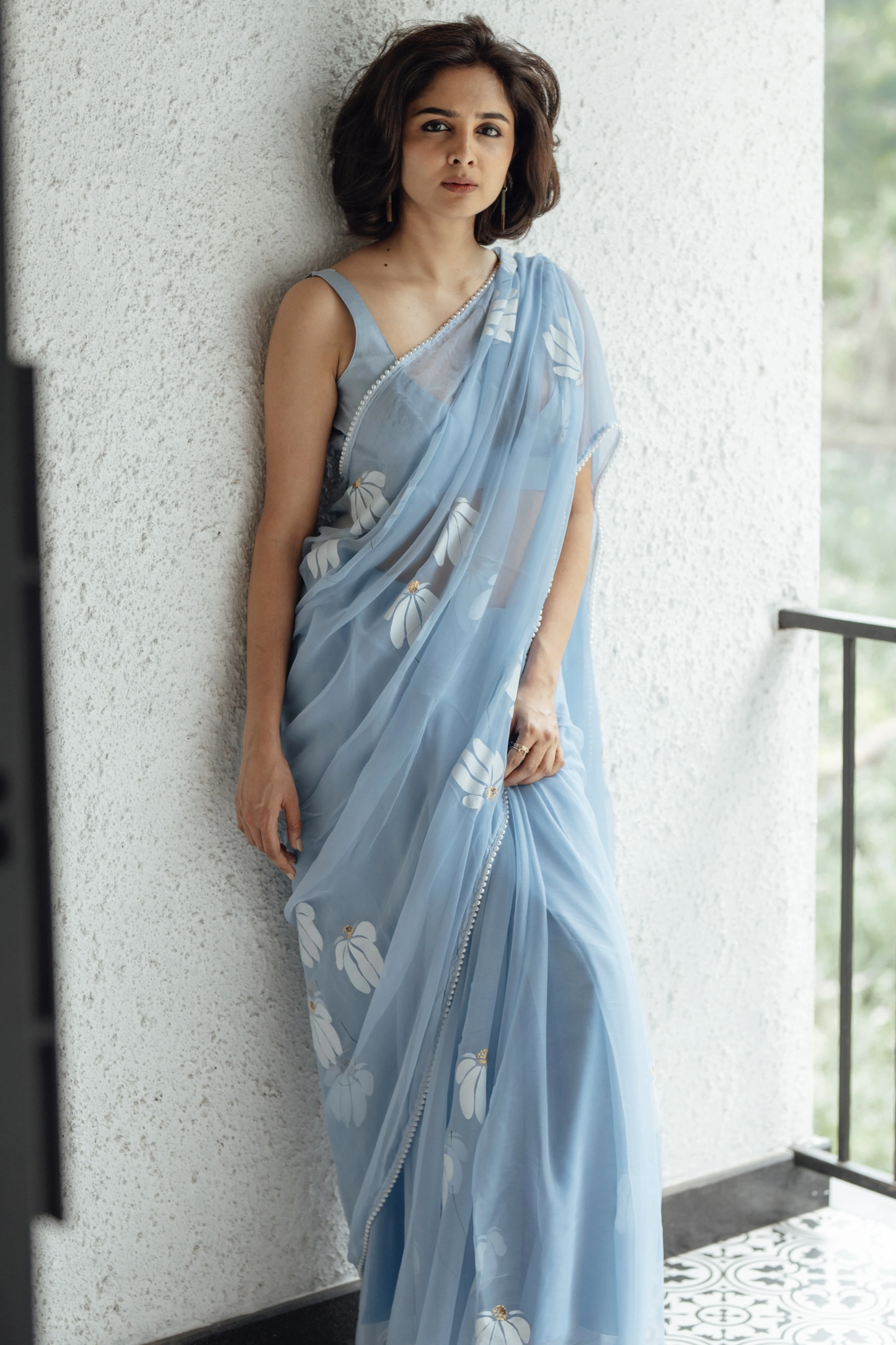 Ash Blue Half-Daisies Chiffon Saree