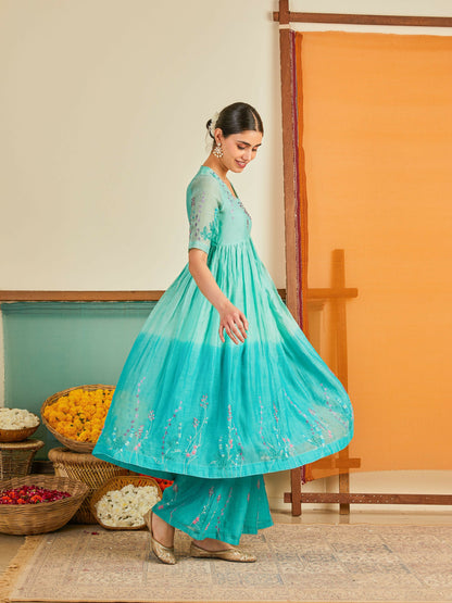 Aabiya  Blue Ombre Chanderi Kurta Set