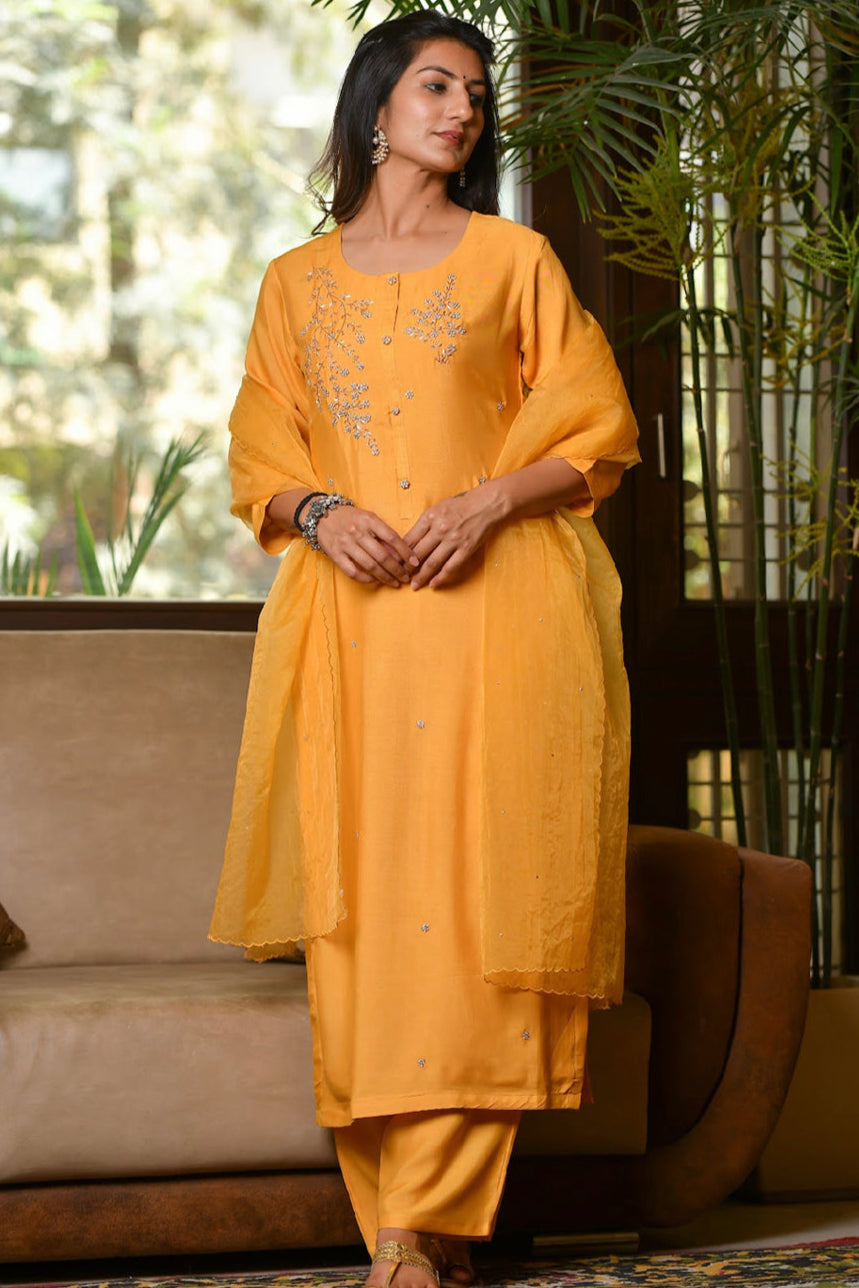 Mustard Yellow Muslin Suit Set With Handwork