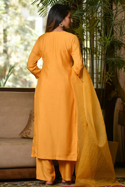 Mustard Yellow Muslin Suit Set With Handwork