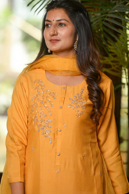 Mustard Yellow Muslin Suit Set With Handwork