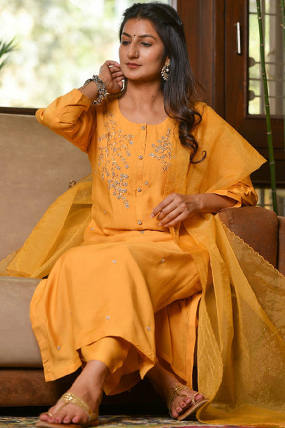 Mustard Yellow Muslin Suit Set With Handwork